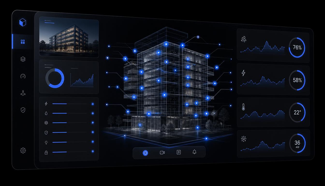 zacot smart building OS dashboard showing a connected building with IoT sensors and real-time data panels